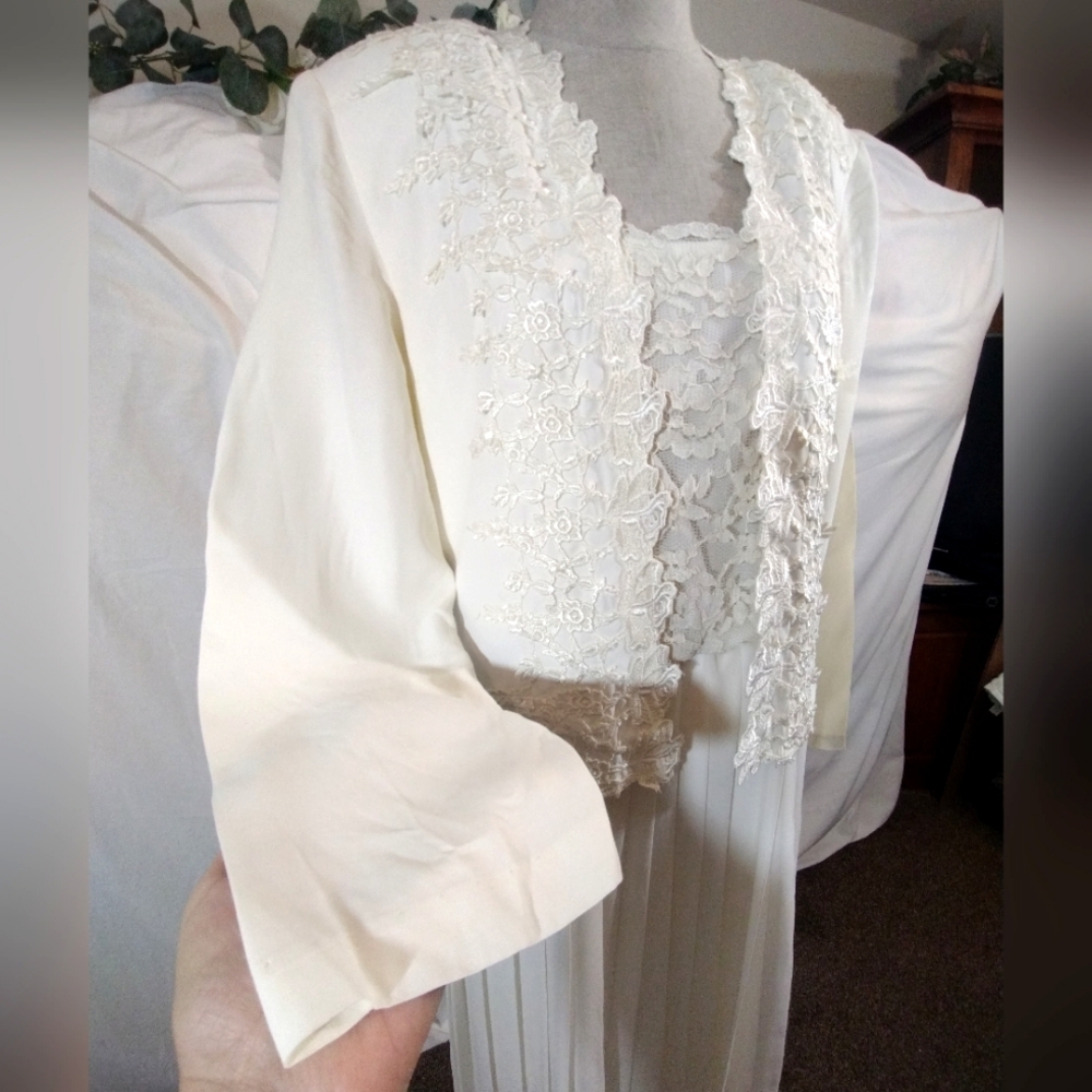 Midi Dress+Jacket, Vintage Open Crop, Long Sleeve, Ivory, Lace, Pleats, Straps,8 - Picture 15 of 16